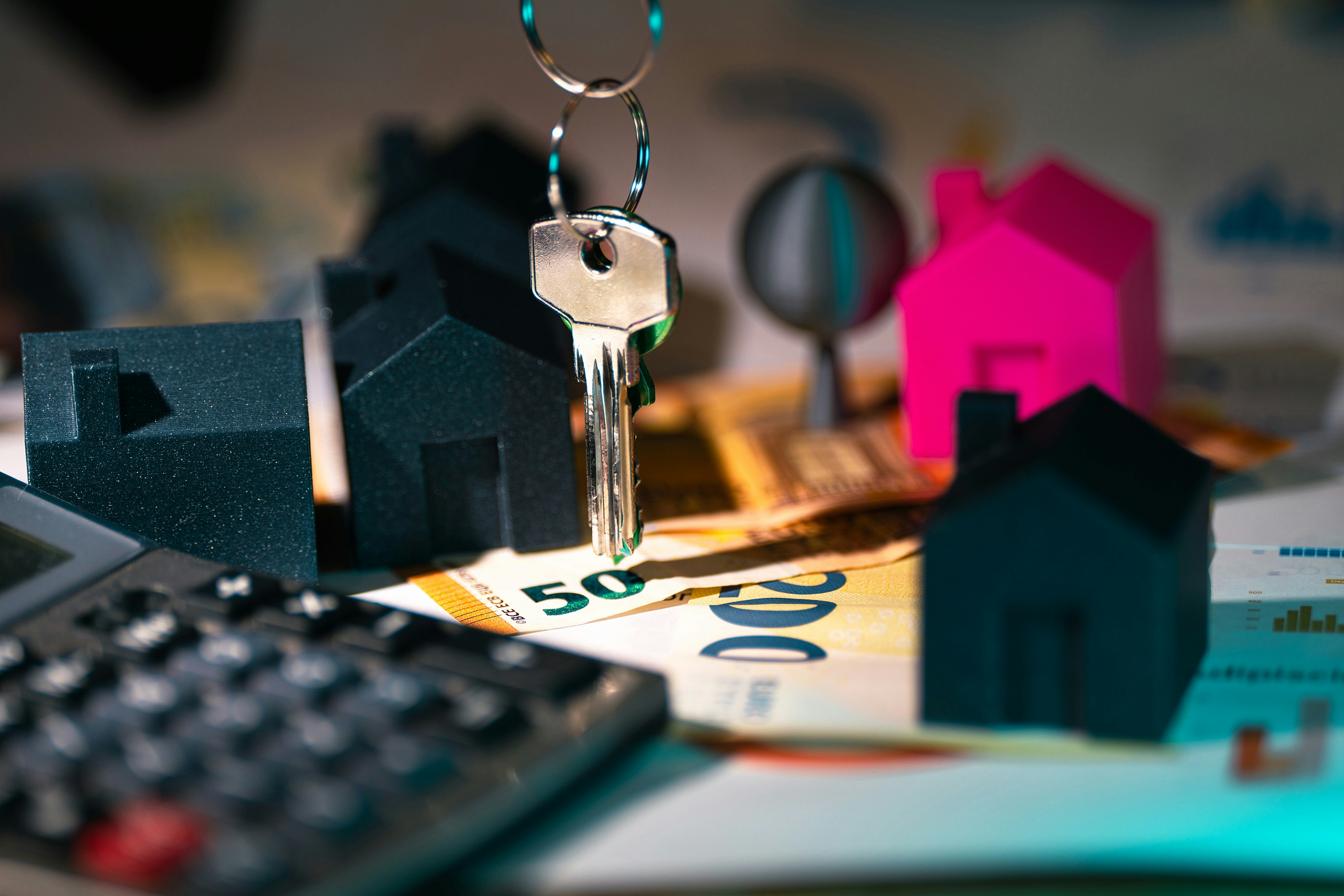 Home financing scene with keys and money